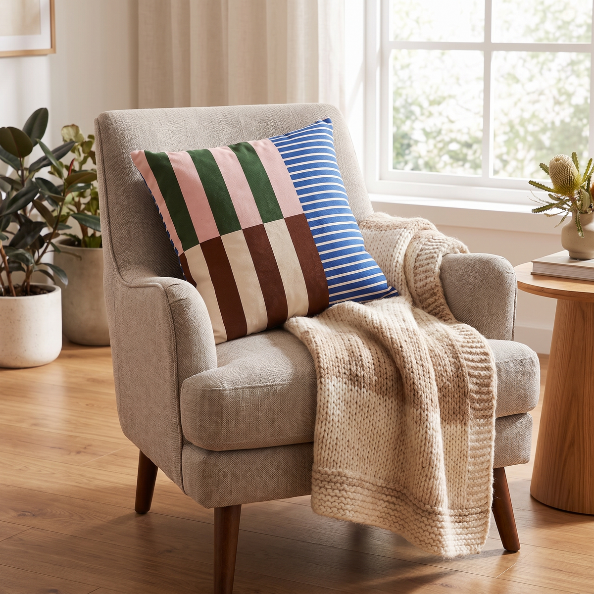 Mod Block Striped Cushion Cover – styled on an armchair
