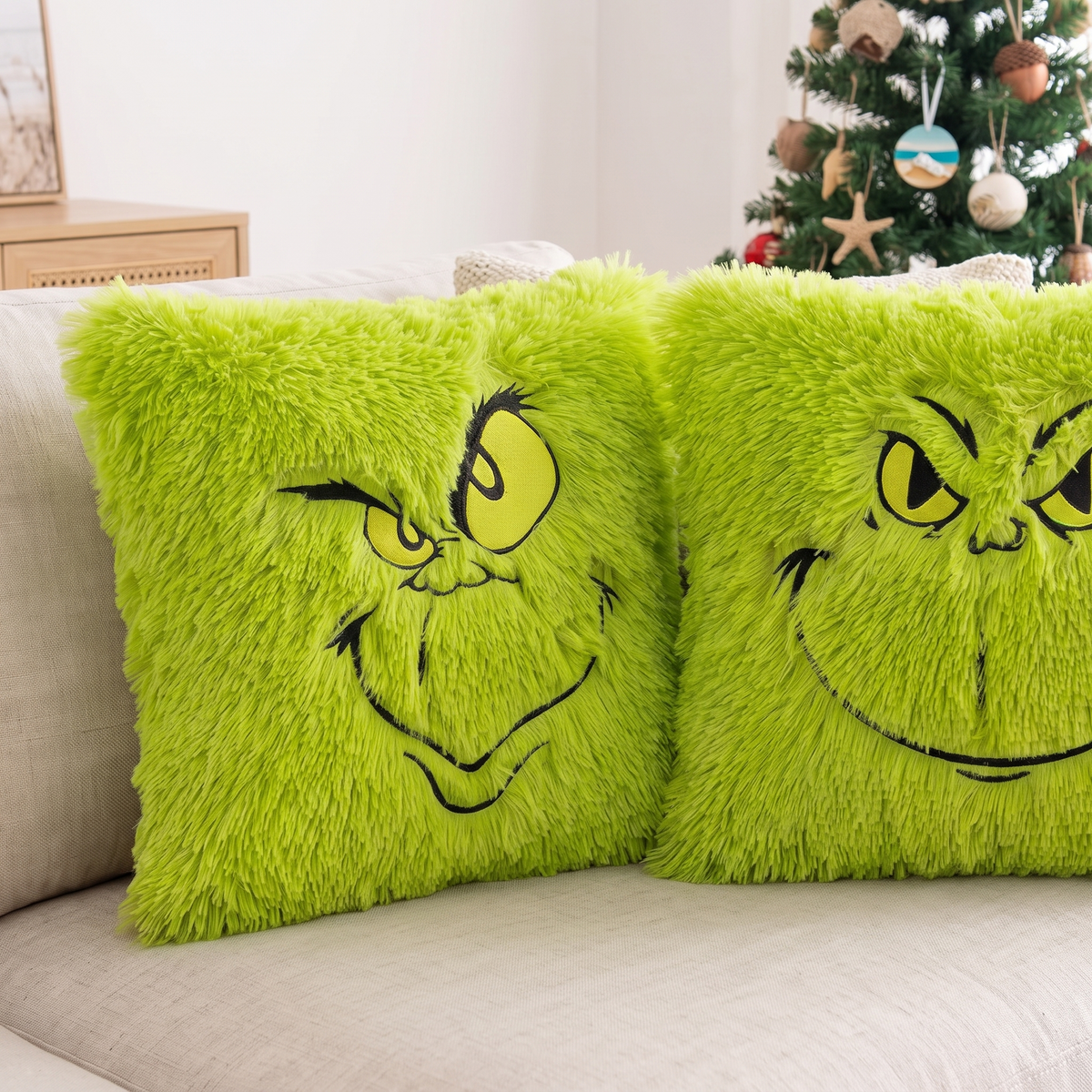 Faux Fur Christmas Cushion Cover – Green – pattern and fabric close-up