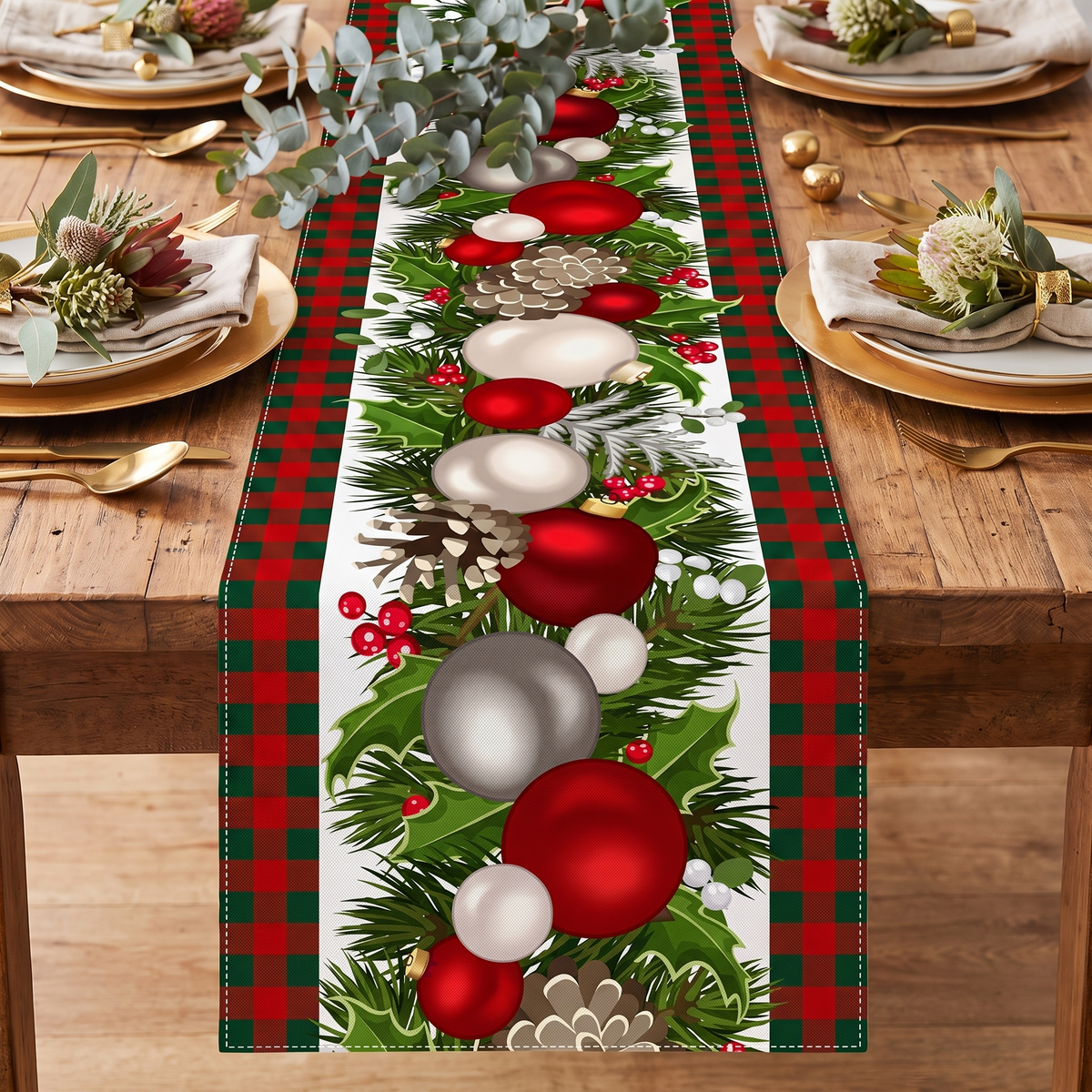 Festive Christmas Table Runner – Holiday Print – full table from above