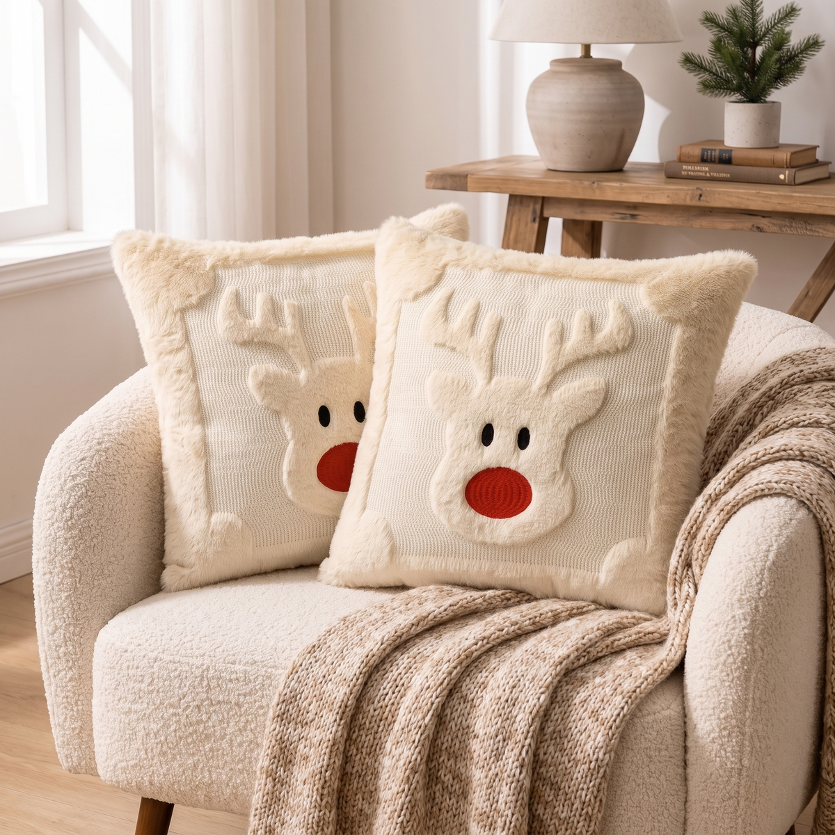 Fluffy Faux Fur Christmas Cushion Cover – White – styled on an armchair