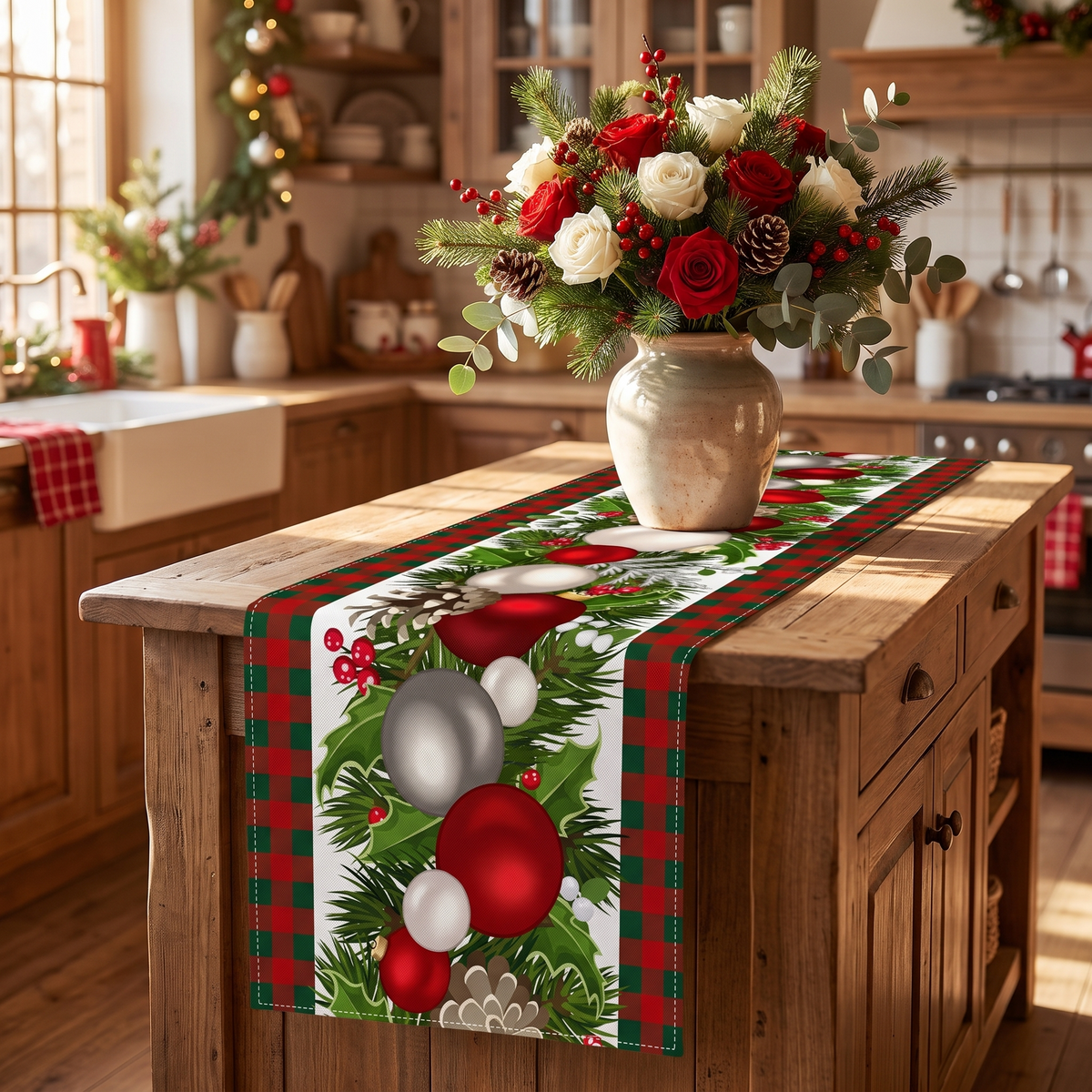Festive Christmas Table Runner – Holiday Print – styled on a sideboard
