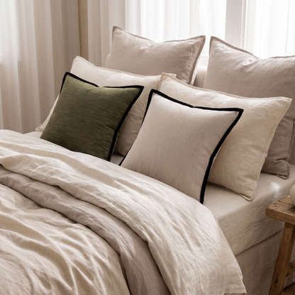French Vintage-Inspired Cushion Cover – styled on a bed