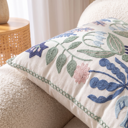 Vintage Botanical Embroidered Cushion Cover – pattern and fabric close-up