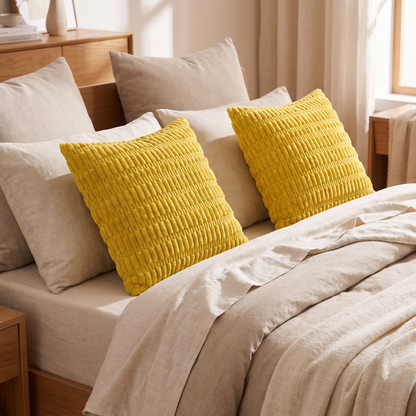 Plush Ridge Cushion Cover – Channel Texture – styled on a bed