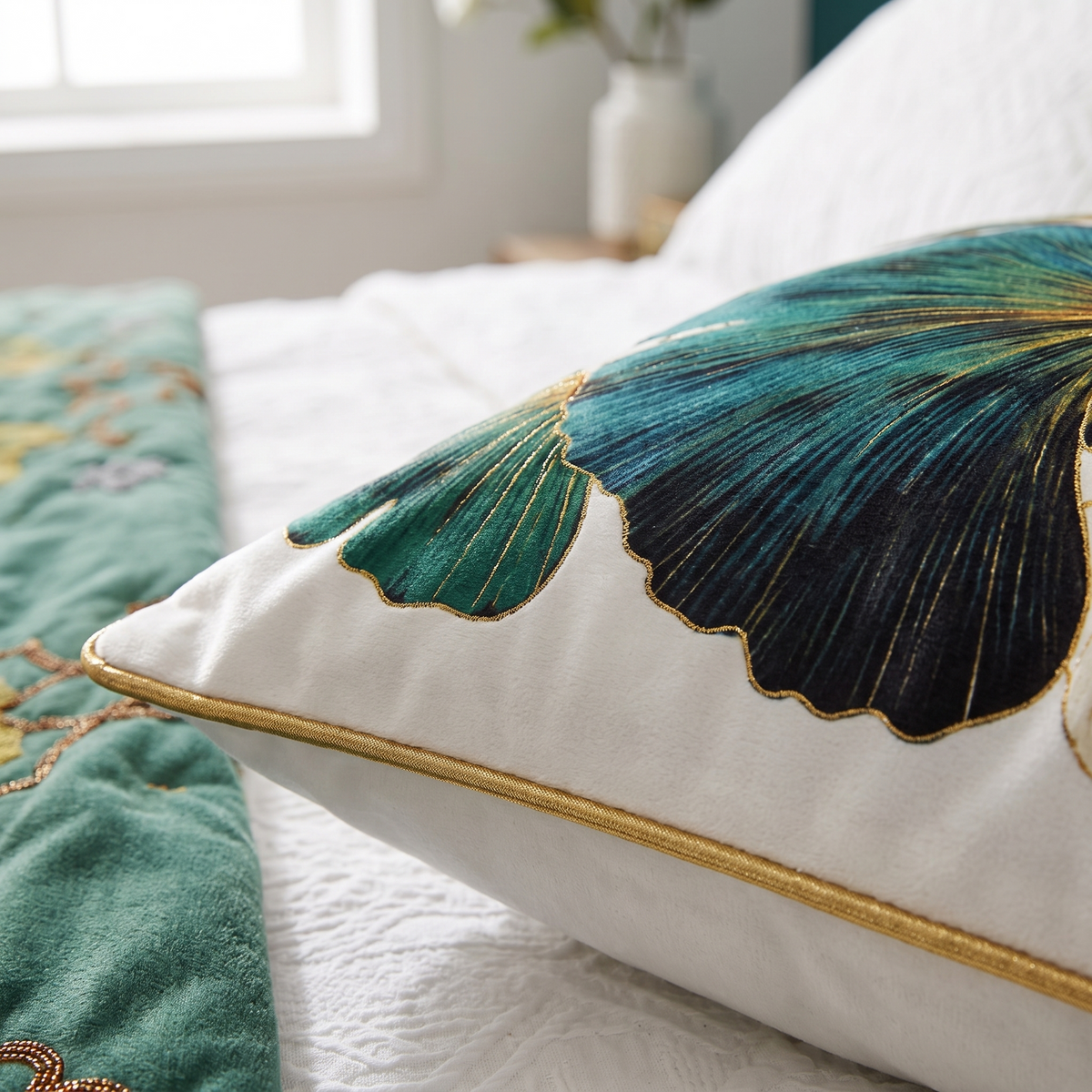 Embroidered Leaf Cushion Cover – Emerald Green – fabric close-up
