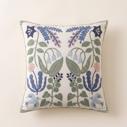 Vintage Botanical Embroidered Cushion Cover – front view