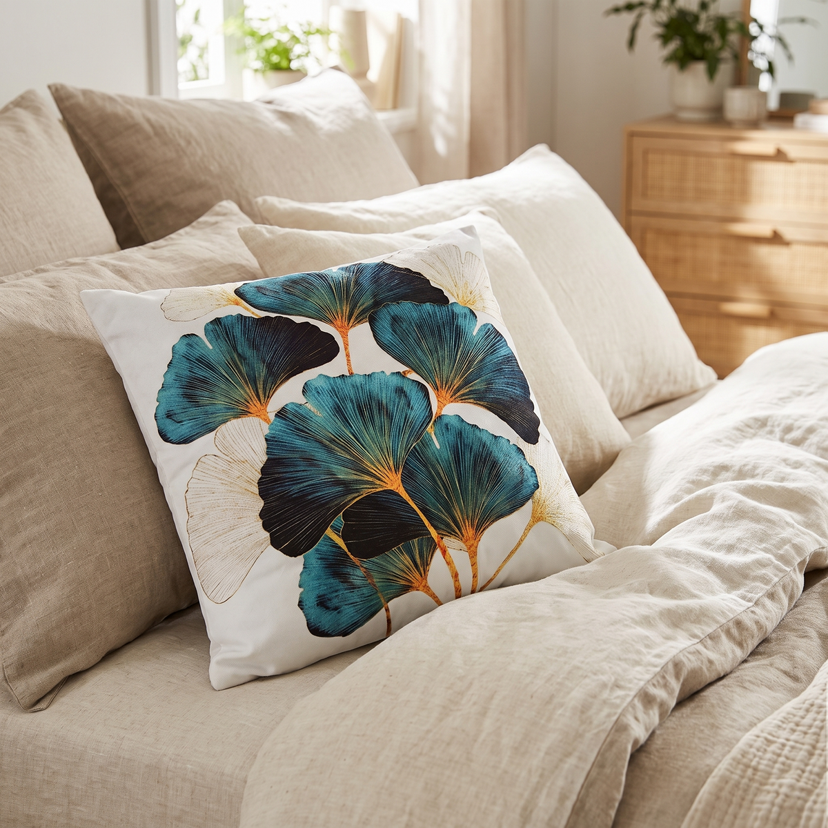Embroidered Leaf Cushion Cover – Emerald Green – styled on a bed