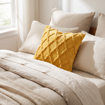Boho Velvet Cushion Cover – Textured Stripe – styled on a bed