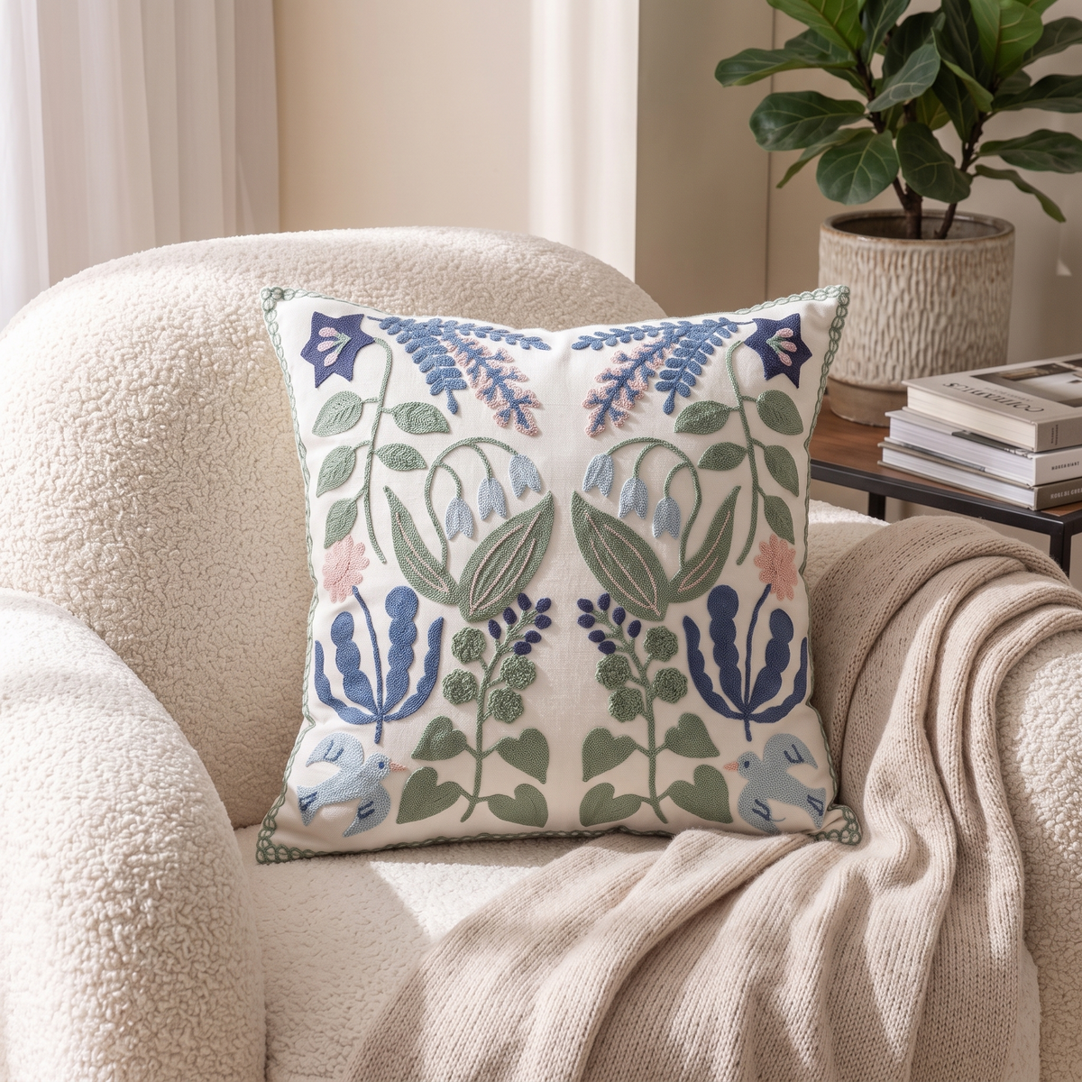 Vintage Botanical Embroidered Cushion Cover – styled on an armchair