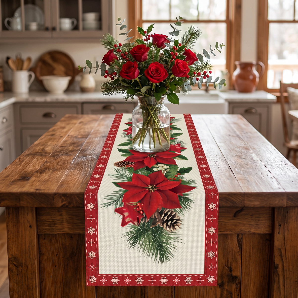 Poinsettia Christmas Table Runner – Red – styled on a sideboard