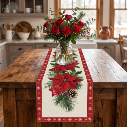 Poinsettia Christmas Table Runner – Red – styled on a sideboard