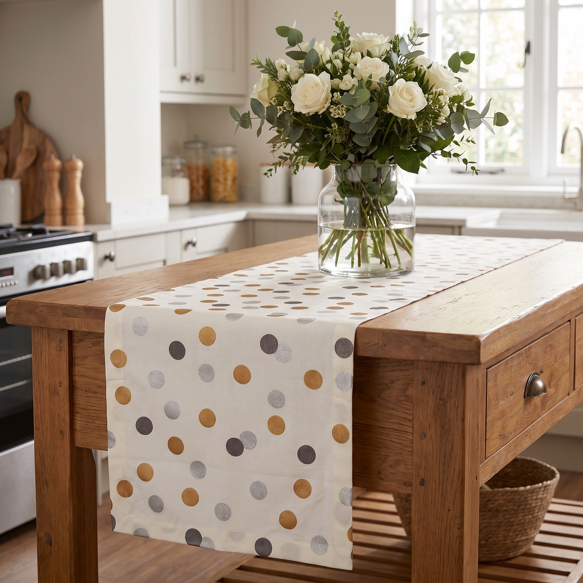 Metallic Confetti Christmas Table Runner – Silver & Gold – styled on a sideboard