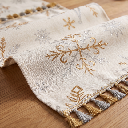 Snowflake Christmas Table Runner – White – fabric and edge close-up