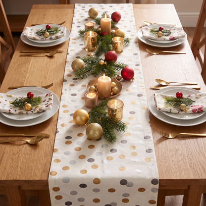 Metallic Confetti Christmas Table Runner – Silver & Gold – full table from above