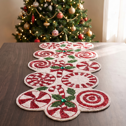 Candy Cane Beaded Christmas Table Runner – full table from above
