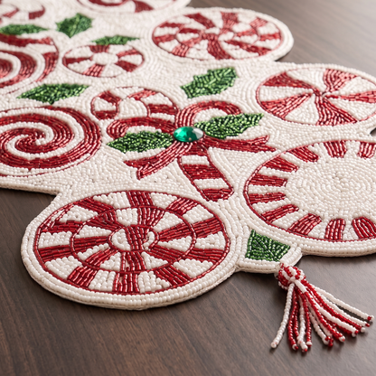 Candy Cane Beaded Christmas Table Runner – fabric and edge close-up