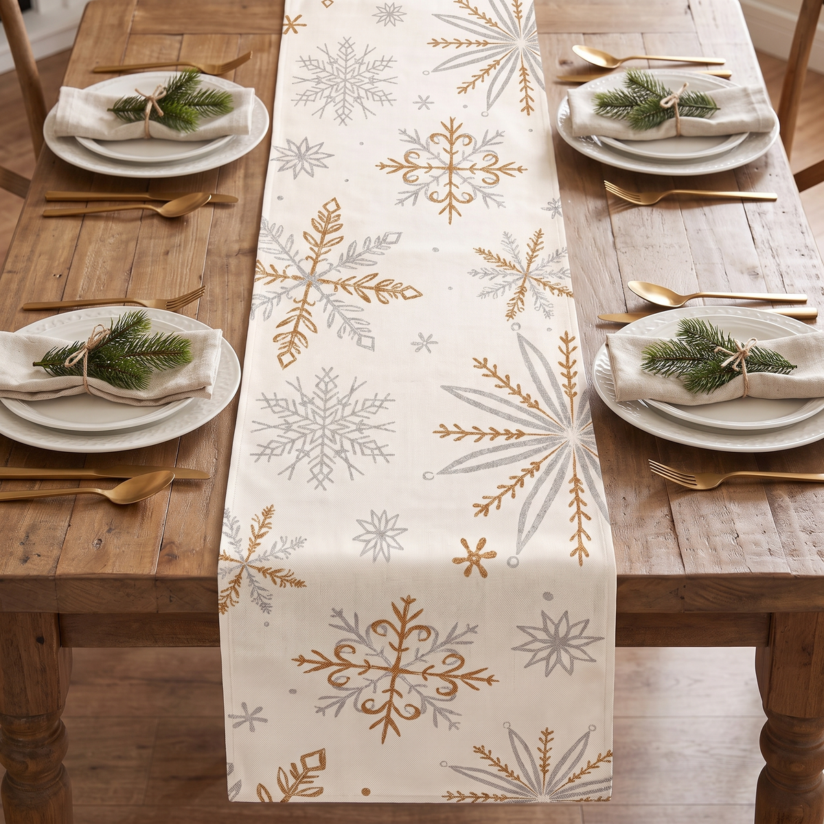 Snowflake Christmas Table Runner – White – full table from above