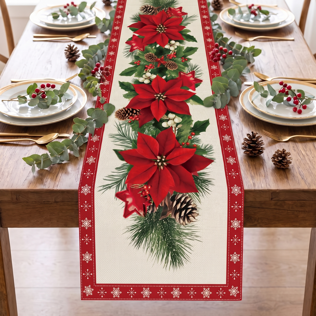 Poinsettia Christmas Table Runner – Red – full table from above
