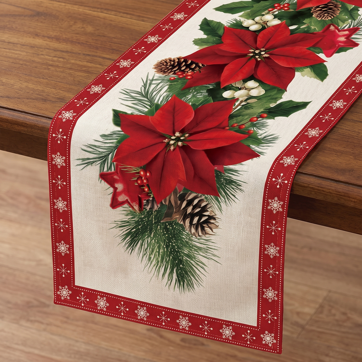 Poinsettia Christmas Table Runner – Red – fabric and edge close-up