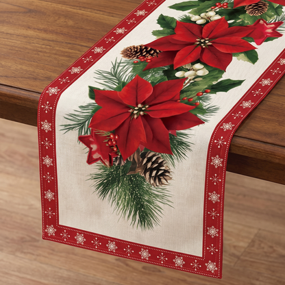 Poinsettia Christmas Table Runner – Red – fabric and edge close-up