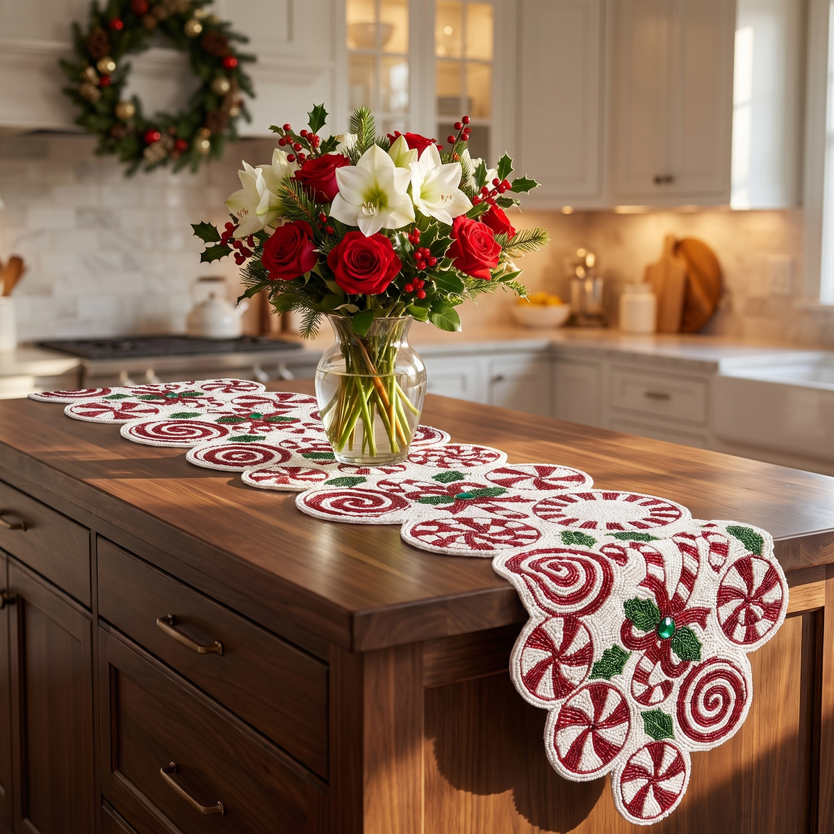Candy Cane Beaded Christmas Table Runner – styled on a sideboard