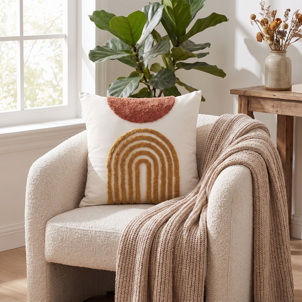 Geometric Embroidered Cushion Cover – Eden – styled on an armchair