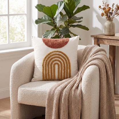 Geometric Embroidered Cushion Cover – Eden – styled on an armchair