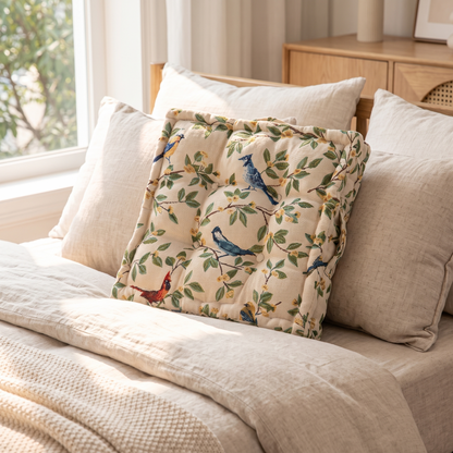 Whimsical Bird & Leaf Cushion Cover – styled on a bed