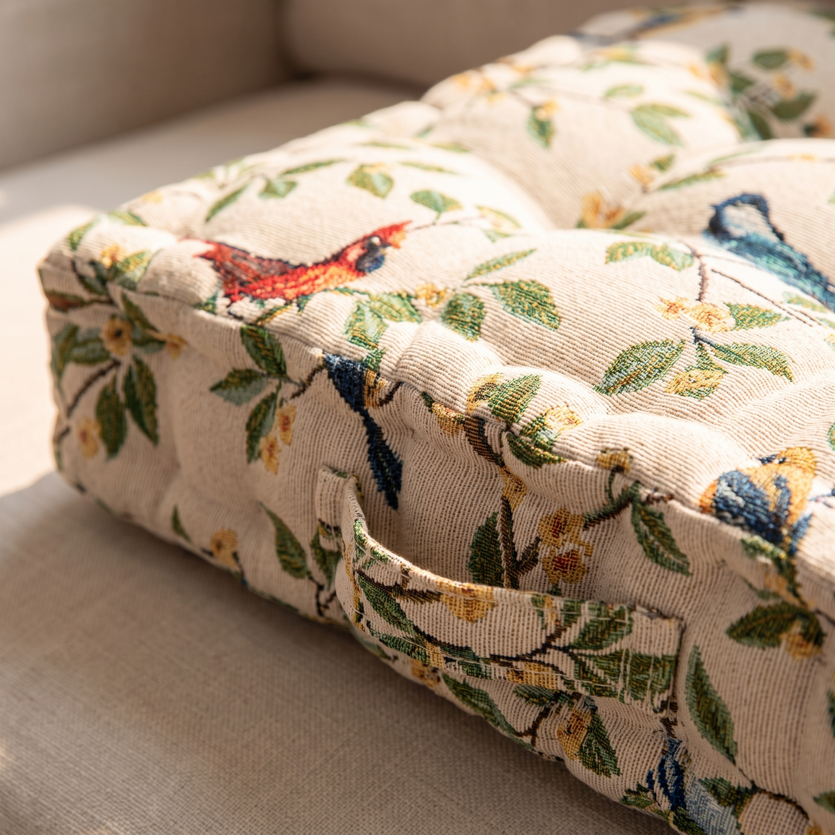 Whimsical Bird & Leaf Cushion Cover – fabric close-up