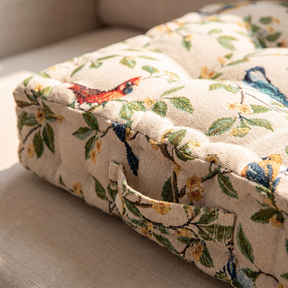 Whimsical Bird & Leaf Cushion Cover – fabric close-up