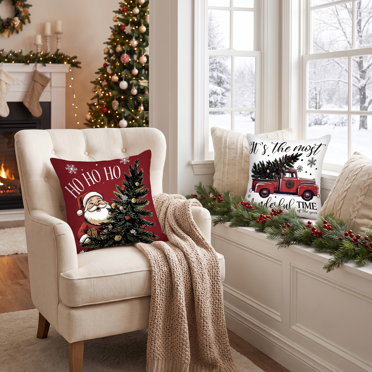 Farmhouse Winter Holiday Cushion Cover Collection – styled on an armchair