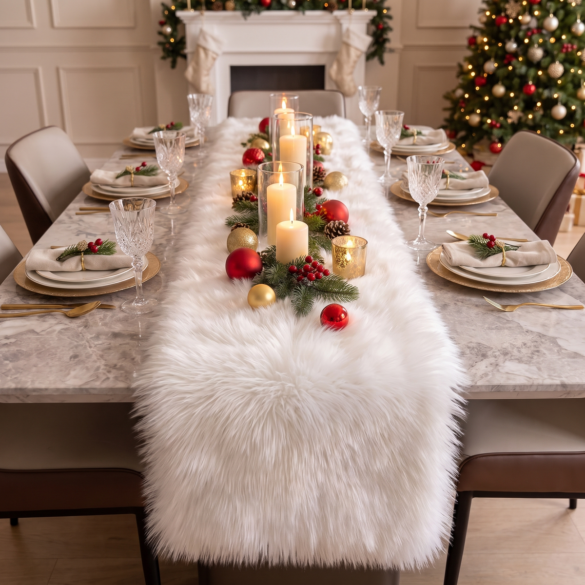 Faux Fur Christmas Table Runner – White – full table from above