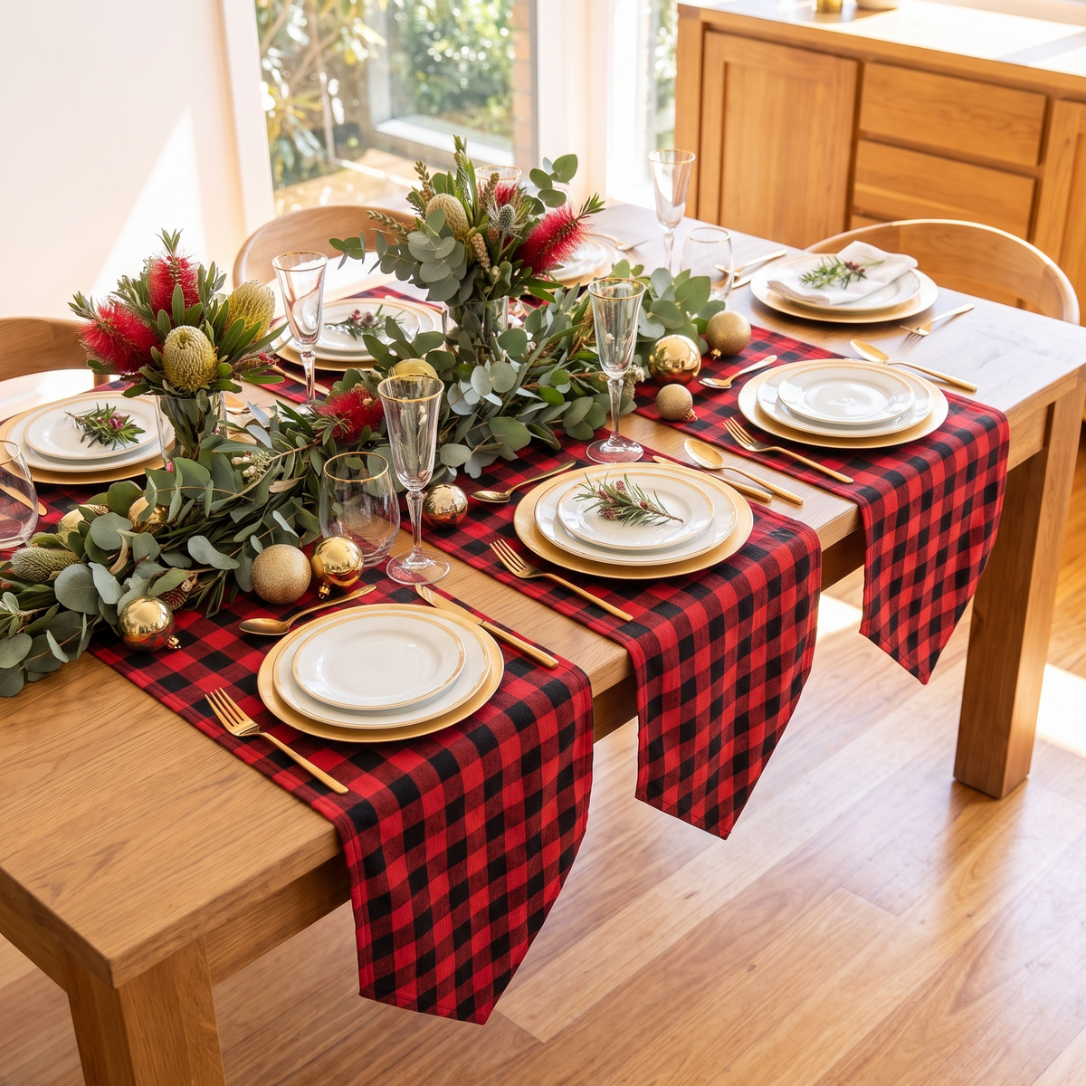 Buffalo Check Christmas Table Runner – Red & Black – full table from above
