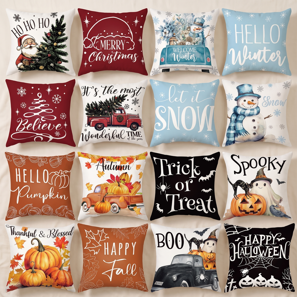 Farmhouse Winter Holiday Cushion Cover Collection – all designs side by side