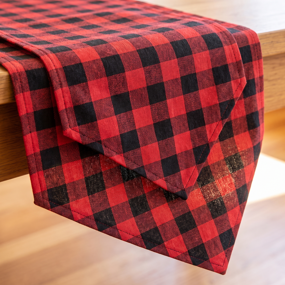 Buffalo Check Christmas Table Runner – Red & Black – fabric and edge close-up