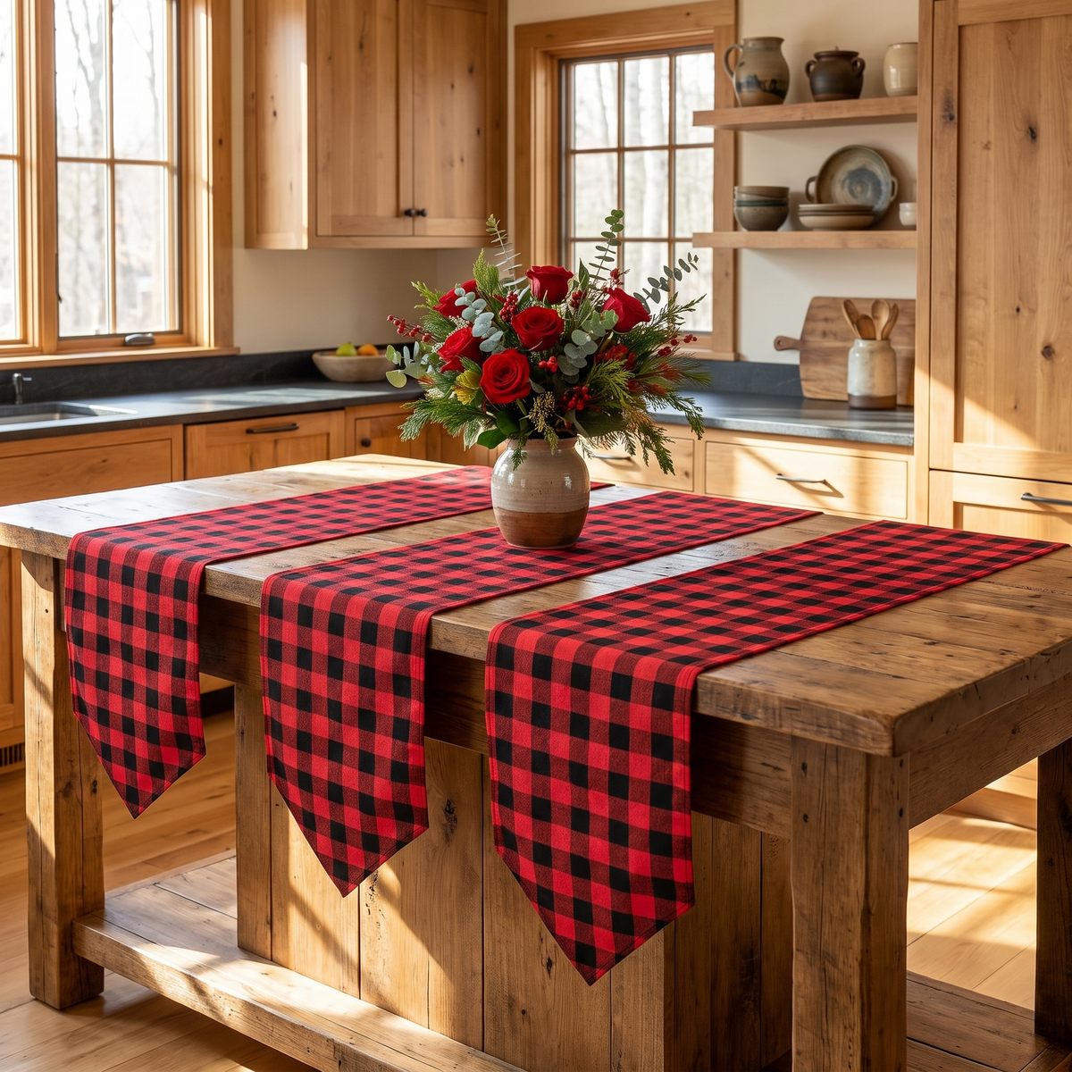 Buffalo Check Christmas Table Runner – Red & Black – styled on a sideboard