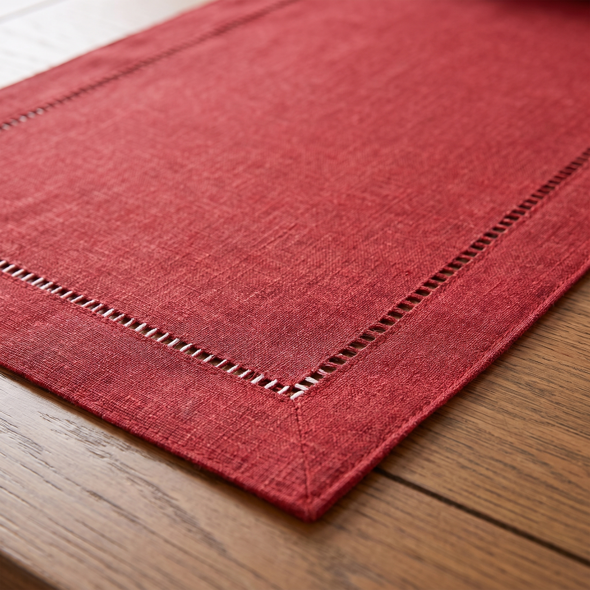 Linen Hemstitch Christmas Table Runner – Red – fabric and edge close-up