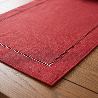 Linen Hemstitch Christmas Table Runner – Red – fabric and edge close-up