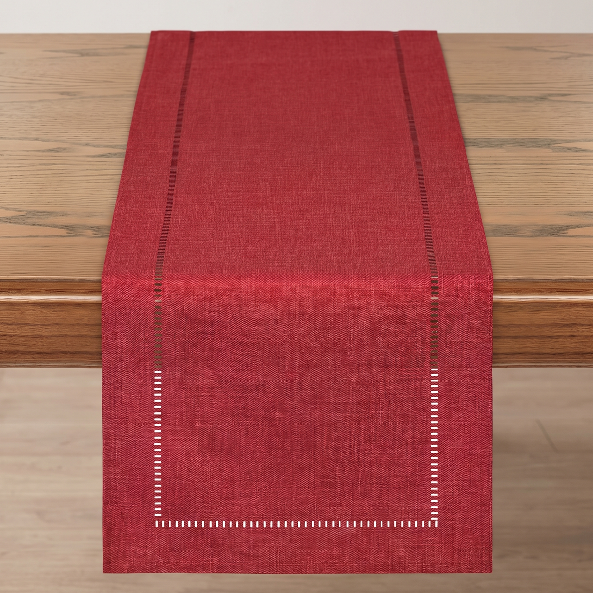 Linen Hemstitch Christmas Table Runner – Red – full table from above
