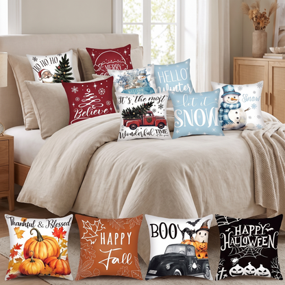 Farmhouse Winter Holiday Cushion Cover Collection – styled on a bed