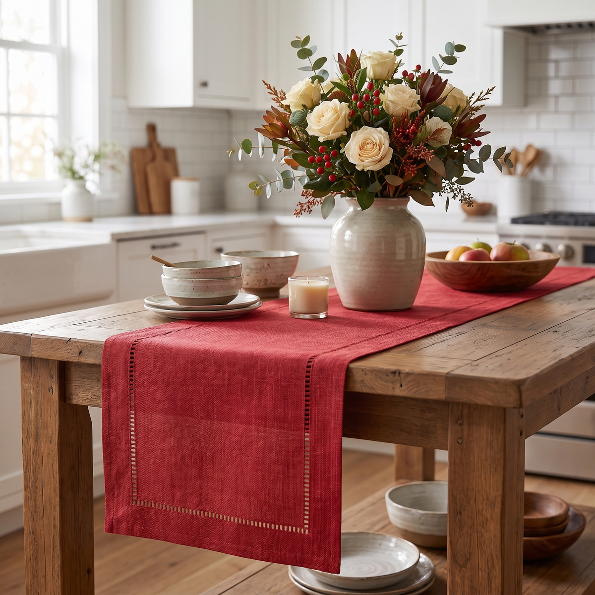 Linen Hemstitch Christmas Table Runner – Red – styled on a sideboard