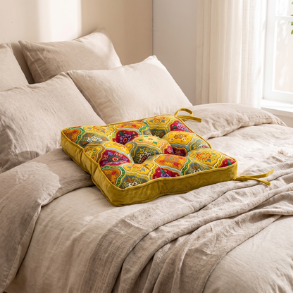 Moroccan Tie-Strap Cushion Cover – styled on a bed