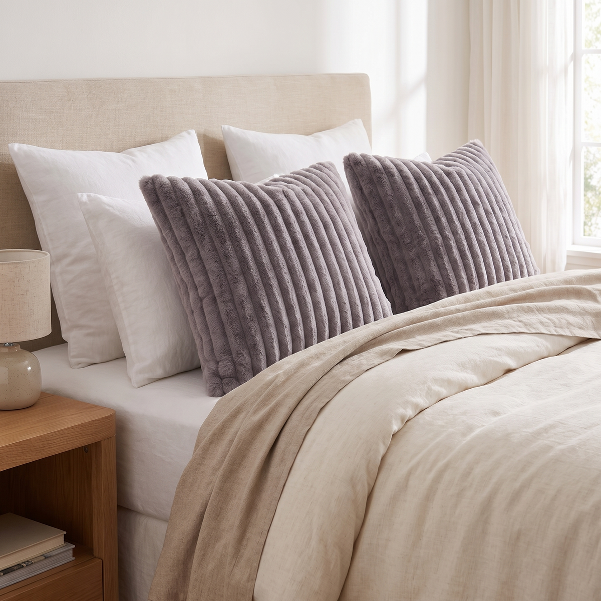 Plush Faux Fur Cushion Cover – Nouvia – styled on a bed