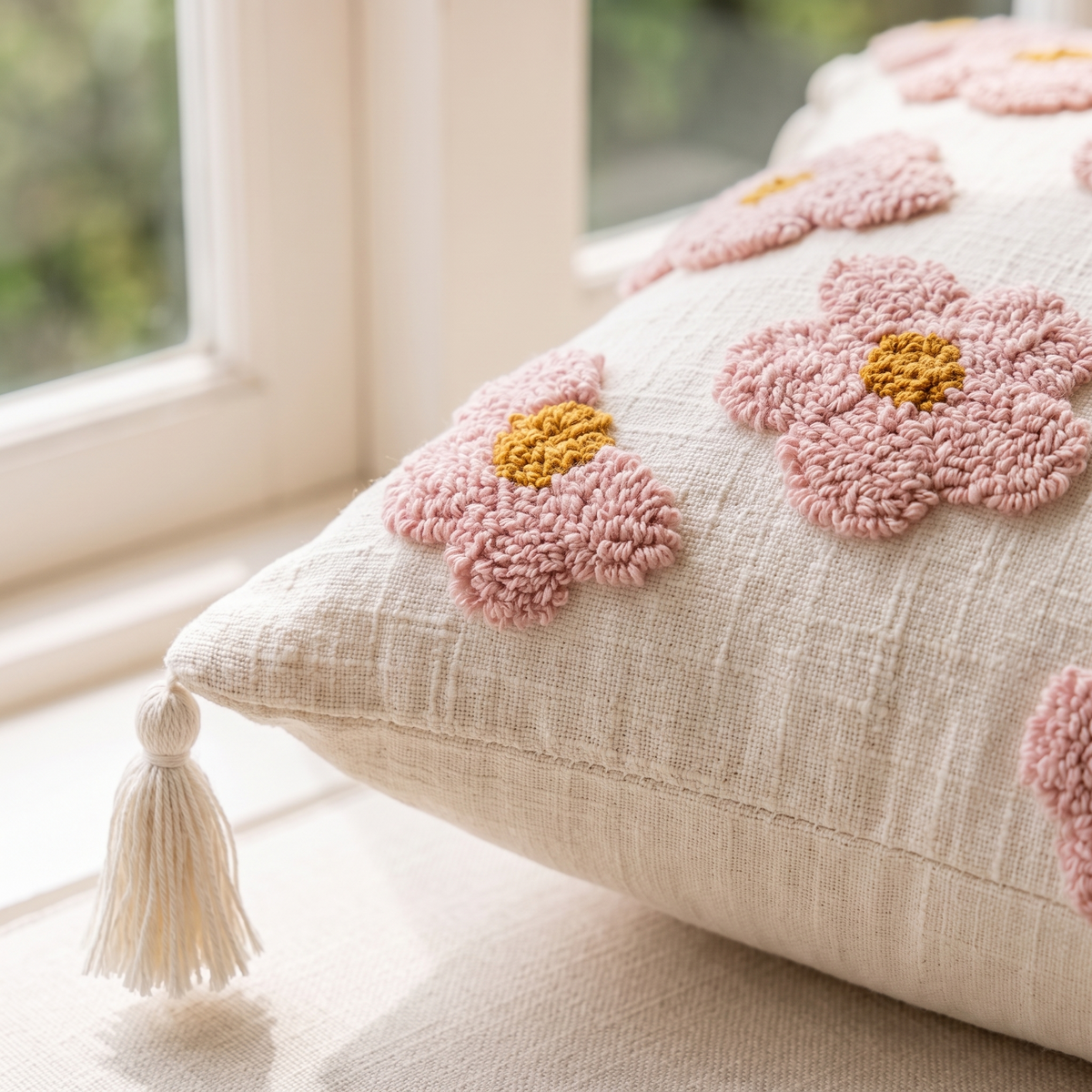 Tufted Rosy Bloom Cushion Cover – Pink – fabric close-up