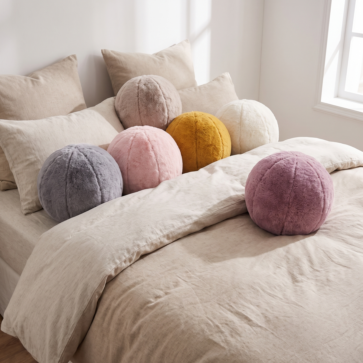 Velvet Ball Cushion – Soft Spherical Accent – styled on a bed