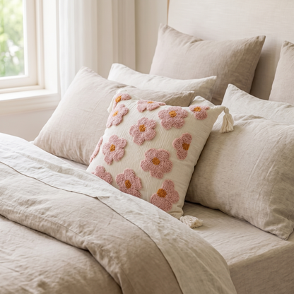 Tufted Rosy Bloom Cushion Cover – Pink – styled on a bed