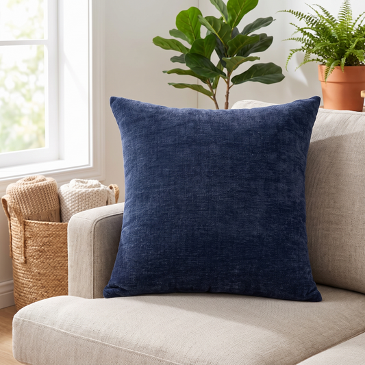 Super Soft Chenille Cushion Cover – Navy – styled on a sofa