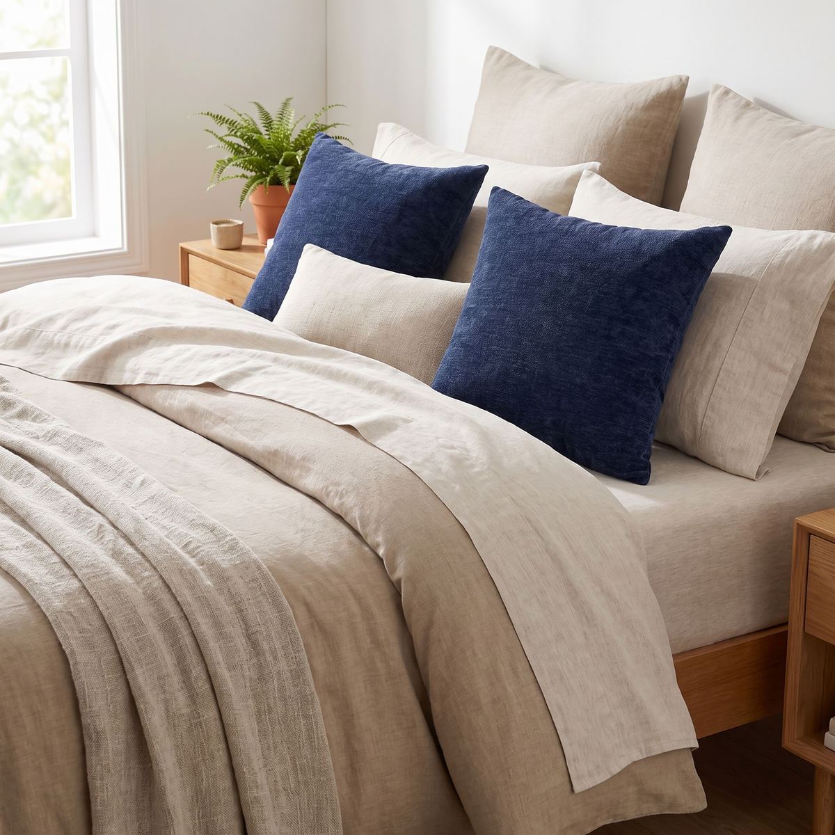 Super Soft Chenille Cushion Cover – Navy – styled on a bed