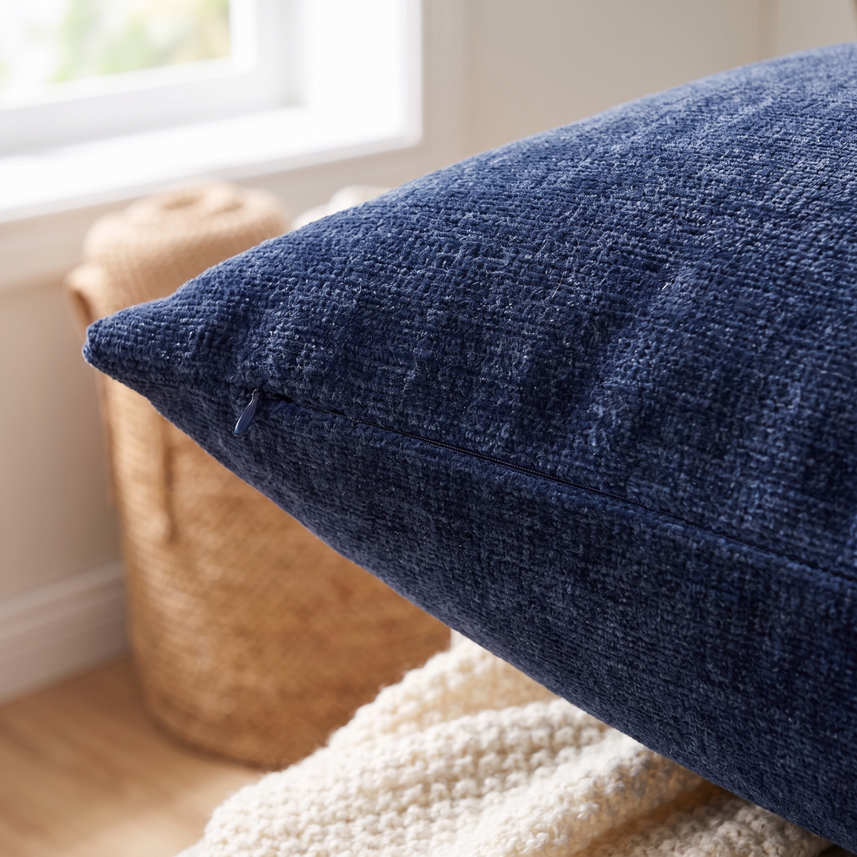 Super Soft Chenille Cushion Cover – Navy – fabric close-up