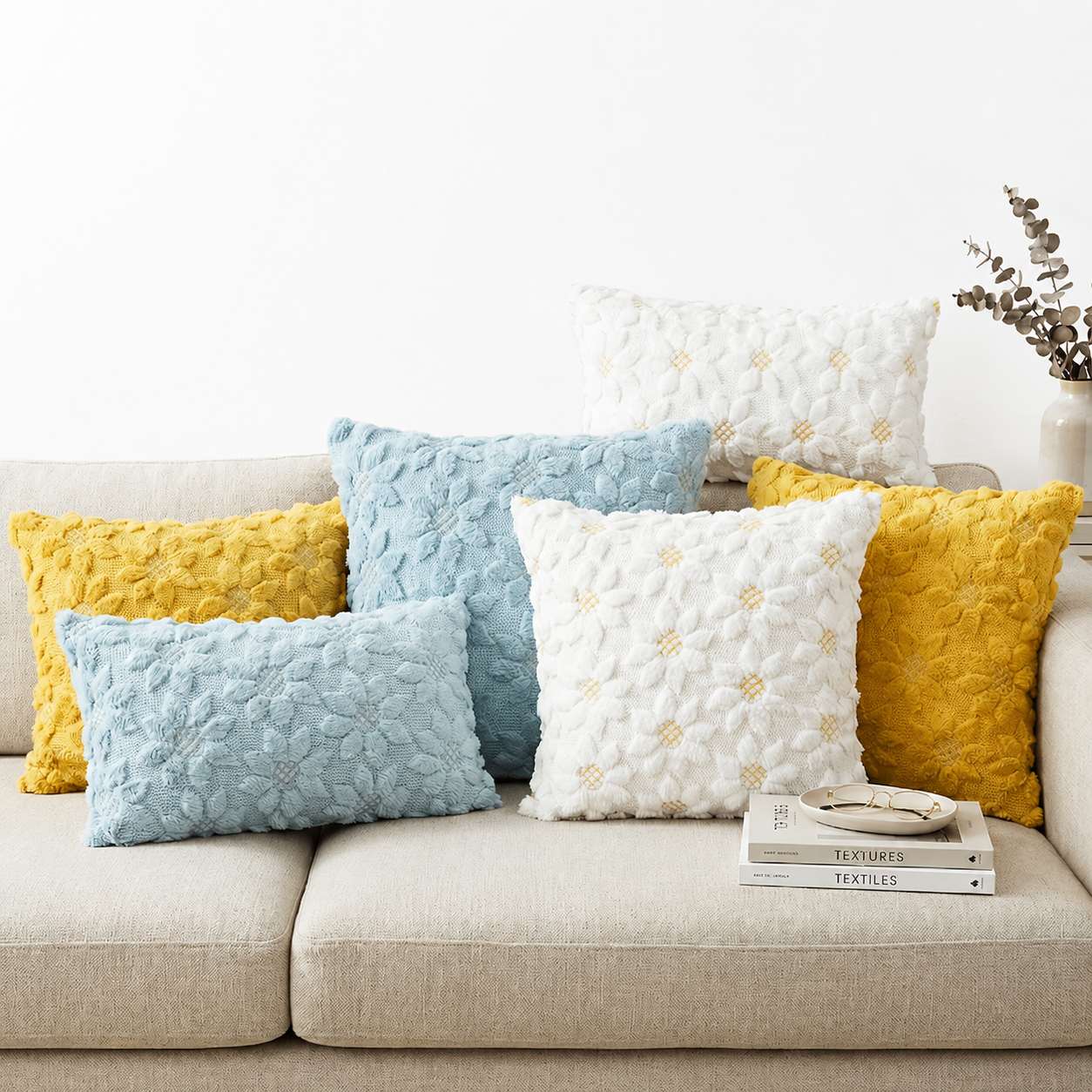 3D Sunflower Embroidery Throw Pillow Cover- White